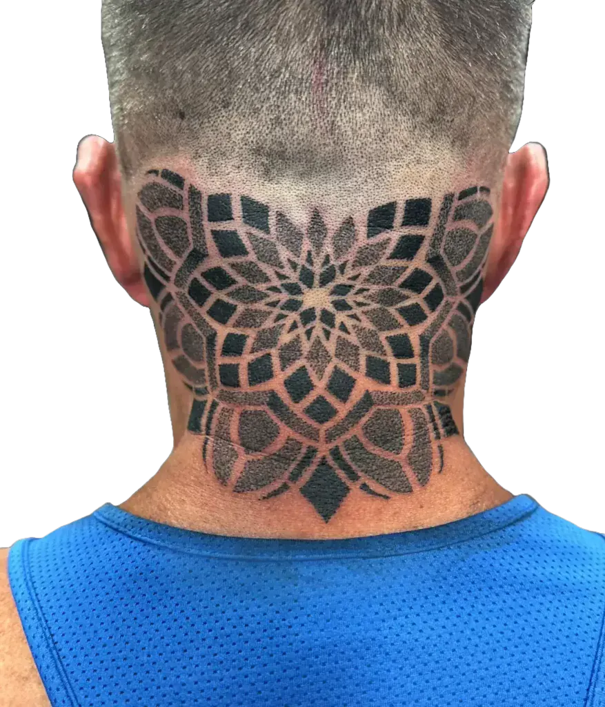Back of the neck ornamental mandala tattoo in black dotwork by Duk Tattoo, Boca Raton, Florida
