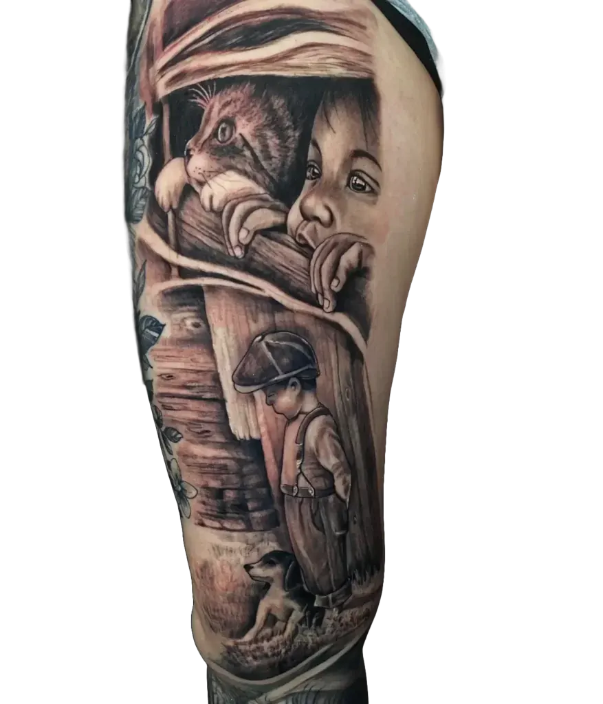 Black and grey tattoo of children with a cat, a personal storytelling piece by Duk Tattoo, Florida