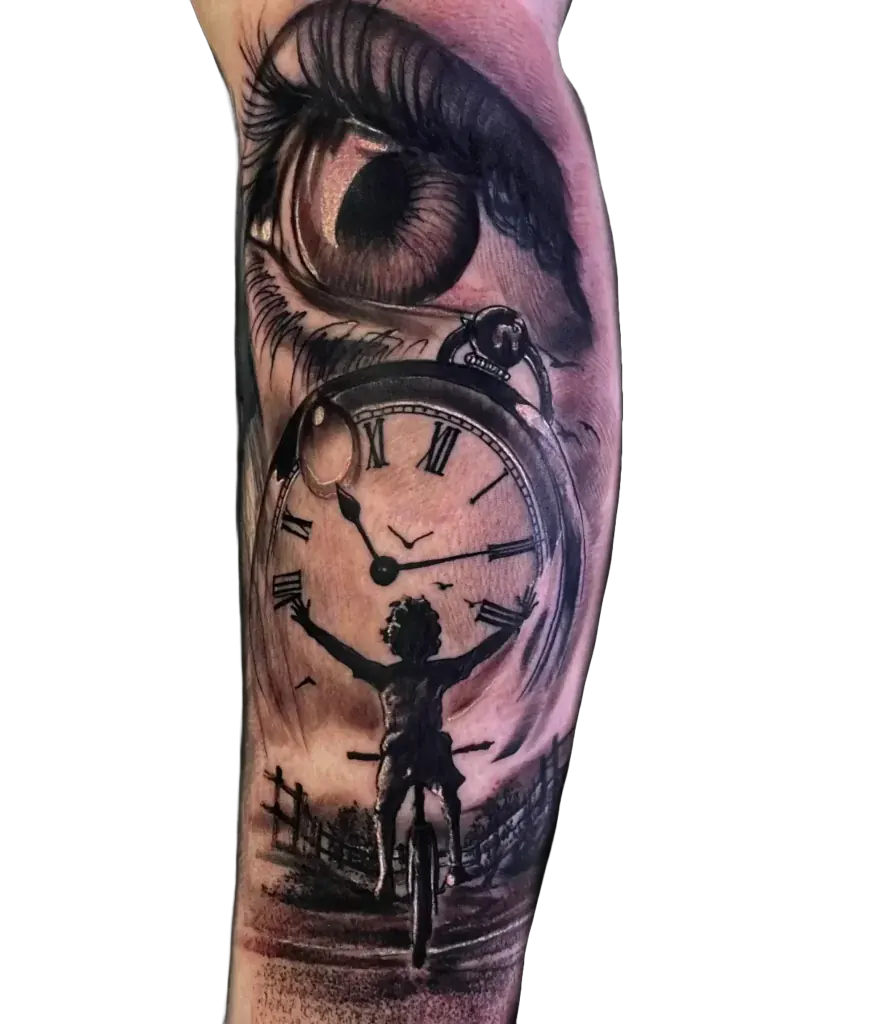 Black and grey surrealism tattoo of an eye, a pocket watch and a child silhouette by Duk Tattoo, Florida