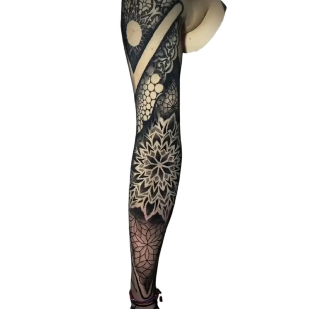 Full arm geometric sleeve tattoo with mandalas, bands and dotwork gradients by Duk Tattoo, South Florida