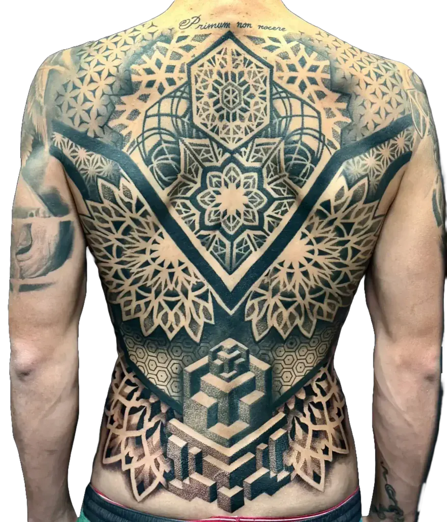 Full back sacred geometry tattoo with mandalas and a 3D cube in black and grey dotwork by Duk Tattoo, Boca Raton, Florida