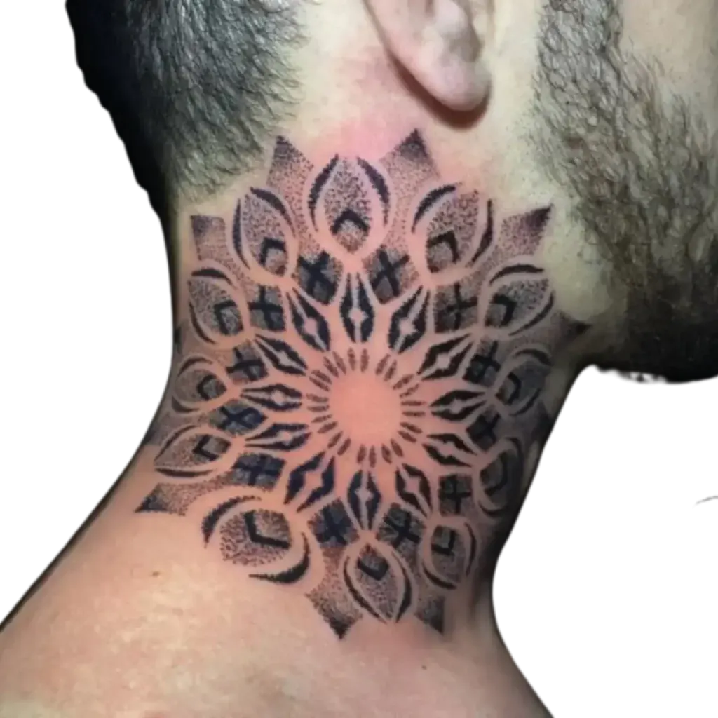 Side neck mandala tattoo in dotwork and fine line black ink by Duk Tattoo, Boca Raton, Florida
