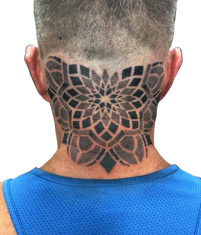 Back of the neck ornamental mandala tattoo in black dotwork by Duk Tattoo, Boca Raton, Florida