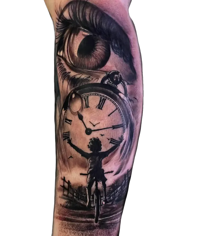 Black and grey surrealism tattoo of an eye, a pocket watch and a child silhouette by Duk Tattoo, Florida