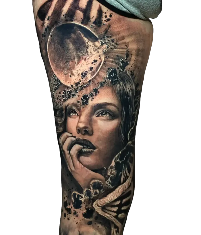 Black and grey fortune teller woman portrait tattoo with crystal ball on the arm by Duk Tattoo, Florida