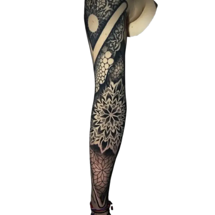 Full arm geometric sleeve tattoo with mandalas, bands and dotwork gradients by Duk Tattoo, South Florida