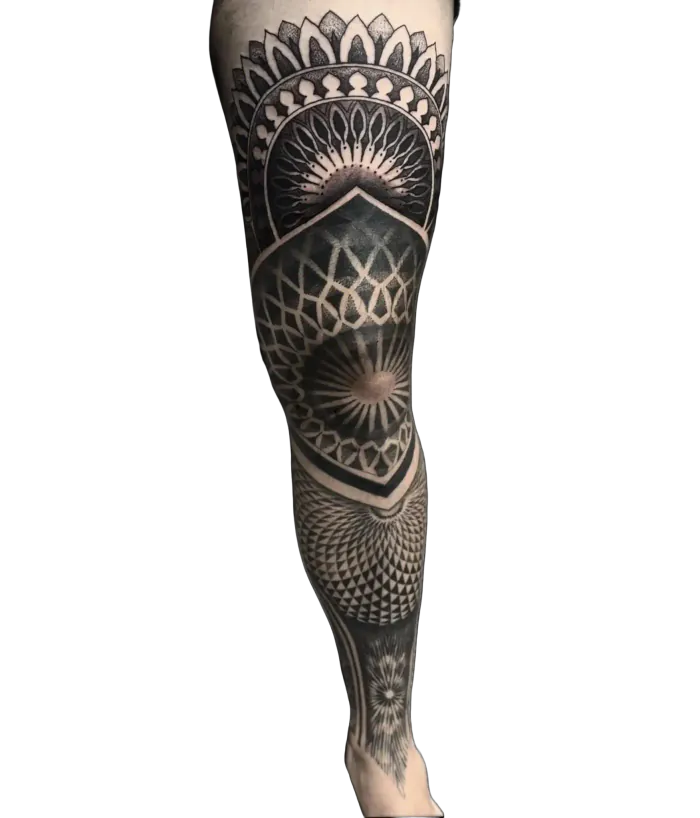 Full leg sleeve geometric tattoo with mandalas and dotwork shading in black and grey by Duk Tattoo, Boca Raton
